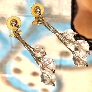 3/$24 VTG 90s Gold/Clear Faceted Acrylic Beads Long Dangling Pierced Earrings